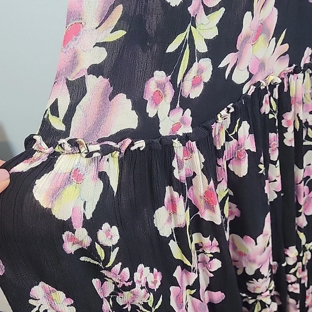 Free People Black Floral Smocked Maxi tiered Dress Long ties on shoulder